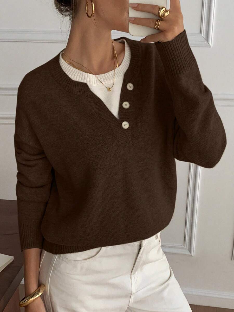 DAZY Casual Color Block Henley Neck Pullover, Soft Knit 2 In 1 Sweater For Women - Brown - View 1