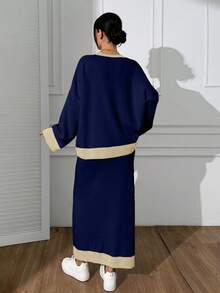 EURMUSE Women Round Neck Drop Shoulder Pullover & Sweater Skirt Set - Navy Blue - View 2