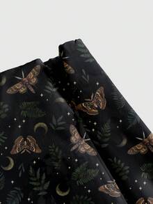 ROMWE Goth 哥特式黑暗森林女巫印花飞蛾、植物叶、太阳和月亮星星图案黑色女式高开衩半身裙 - 黑色 - 查看 3
