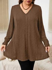 EMERY ROSE Plus Size Solid Color V-Neck Ribbed Casual Long Sleeve T-Shirt - Brown - View 4