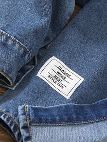 SHEIN Young Boy's Denim Shirt With Pockets, Letter Print & Logo, Casual Fashion, Cool Back To School Style - Dark Wash - View 6