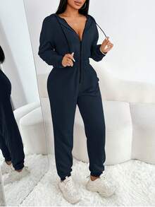 Zolique Solid Color Hooded Zip-Up Long Sleeve Jumpsuit With Drawstring - Navy Blue - View 5