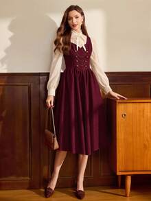 Vintamour 复古优雅女装连衣裙，带口袋，双排扣链条金属纽扣，休闲度假连衣裙，秋季服装 - 酒紅色 - 查看 4