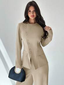 Firerie 女士优雅通勤日常百搭街头时尚新款不对称翻领纽扣腰长袖西装外套和高腰裤卡其灰色两件套西装套装，秋冬 - 杏色 - 查看 10