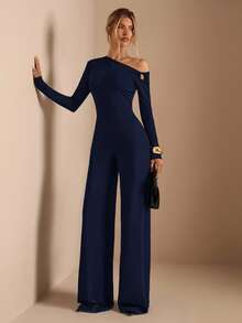 SHEIN BAE Spring & Summer Solid Black Elegant Daily Wear Asymmetrical Shoulder Long Sleeve Metal Buckle Decor Extra Wide Leg Jumpsuit, Suitable For Daily Dates, Outings, Parties, Elegant Women's Layering, Asymmetric Jumpsuit, Wide Leg Jumpsuit, Valentine's Day Jumpsuit, Everyday Jumpsuit, Graceful Jumpsuit - Navy Blue - View 5