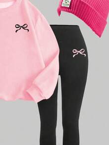 SHEIN Leap Crew 两件套少女休闲简约蝴蝶结装饰圆领加厚柔软卫衣和修身打底裤套装，适合秋冬季节，休闲穿搭，舒适易穿，适合儿童秋季叠穿，时尚童装，休闲服饰，返校季，秋季服装，返校节，适合户外活动、外出、街拍、居家穿着。 - 粉色 - 查看 5