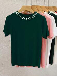 Airaco 夏季休闲纯色珍珠装饰短袖T恤 - 綠色 - 查看 3