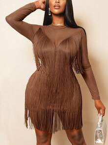 BamGleam Ladies Fashion Sexy Black Crewneck See-Through Mesh Long Sleeve Fringe Dress, Suitable For Latin Dance Dress, PROM, Party, Party - Brown - View 5