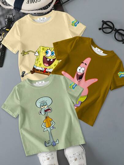 SpongeBob SquarePants | SHEIN 男童夏季休闲卡通图案短袖T恤