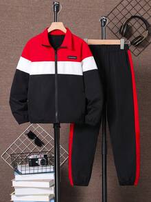 2 Stücke/Set Jungen Lässig Trainingsanzug, Farbblock Reißverschluss-Jacke und weite Jogginghose, sportlicher Outfit für Teenager, geeignet für Frühling/Herbst, Alltagstragen, Schule, Arbeit