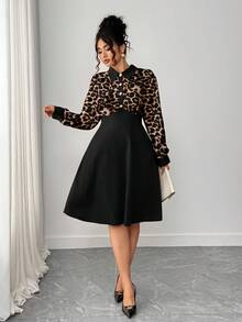 Elenzga 大码女式时尚百搭法式复古奢华优雅通勤休闲日常晚会派对度假条纹纽扣长袖连衣裙（Kooky Elegance 系列 - Woe Is Me Vibes - Wednesday Aesthetic） - 彩色 - 查看 5