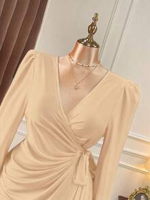 DreamSkyne 大码女式优雅高端哥特式预科风格秋季派对连衣裙，修身 V 领系带腰纯色长裙 - 香檳色 - 查看 4