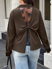 Easura Plus Size Plain Minimalist Long Sleeve Shirt, Casual Everyday Wear - Brown - View 3