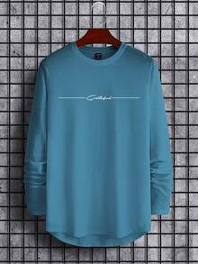 Manfinity Homme Men's Casual Letter Graphic Round Neck Long Sleeve T-Shirt, Autumn Casual Wear Men Men Full Sleeve Tshirt Teal Shirt Graphic Turquoise Clothes Men Collard Long Sleeve Men S - Blue - View 4
