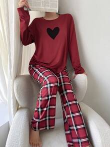 SHEIN Heart Plaid Print Long Sleeve Top & Pants Women Casual Pajama Set, Fall & Winter Clothes - Red - View 6