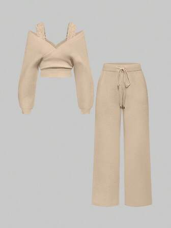 Kawaii 1 set Femme Bretelles d'épaule Col en V Dentelle Bretelles Pantalon ample à jambes larges Tricot confortable Deux pièces