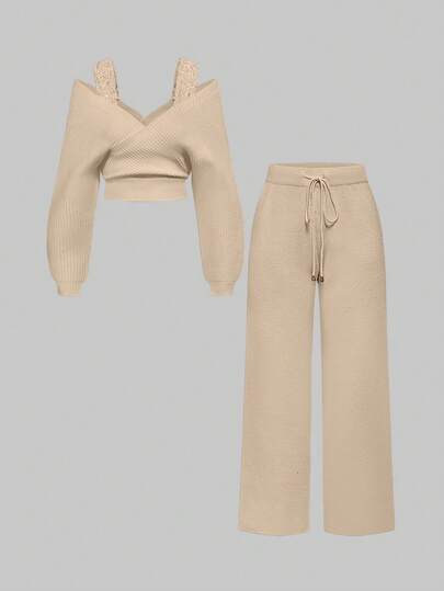 Kawaii 1 Set Women Shoulder Strap V-Neck Lace Strap Loose Wide-Leg Pants Comfortable Home Knit Sweater Two Pieces