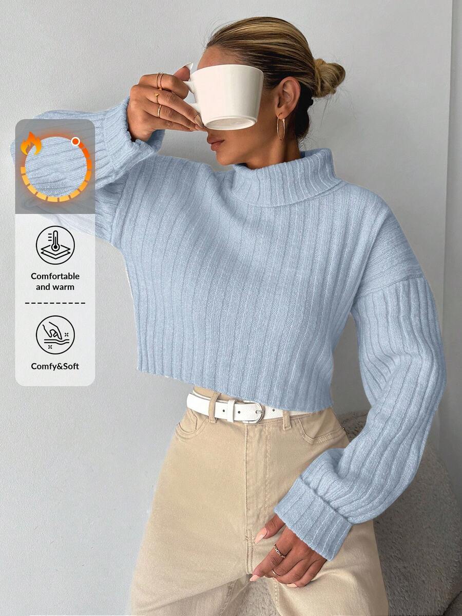 EURMUSE Mock Neck Drop Shoulder Ribbed Knit Sweater - Baby Blue - View 1