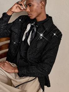 AKNOTIC Chaqueta negra de manga larga con un solo abotonadura y decoración con cuentas para hombre, otoño - Negro - Ver 6