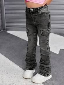 SHEIN Jeans azules de mezclilla elástica con pliegues para niña joven SLAYR - Negro - Ver 3