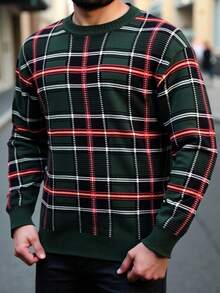 Manfinity Homme Men's Casual Plaid Crew Neck Sweater, Autumn/Winter - Multicolor - View 5