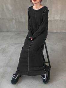 FRIFUL 女士圆领长袖撞色直筒宽松休闲长连衣裙，秋季连衣裙 - 灰色 - 查看 2