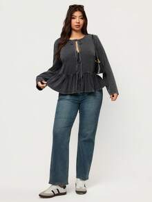 Elaquor 大码女式纯色打结荷叶边下摆休闲长袖开衫