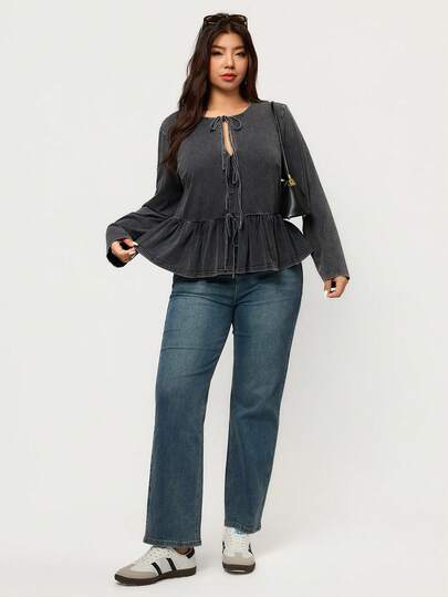 Elaquor 大码女式纯色打结荷叶边下摆休闲长袖开衫