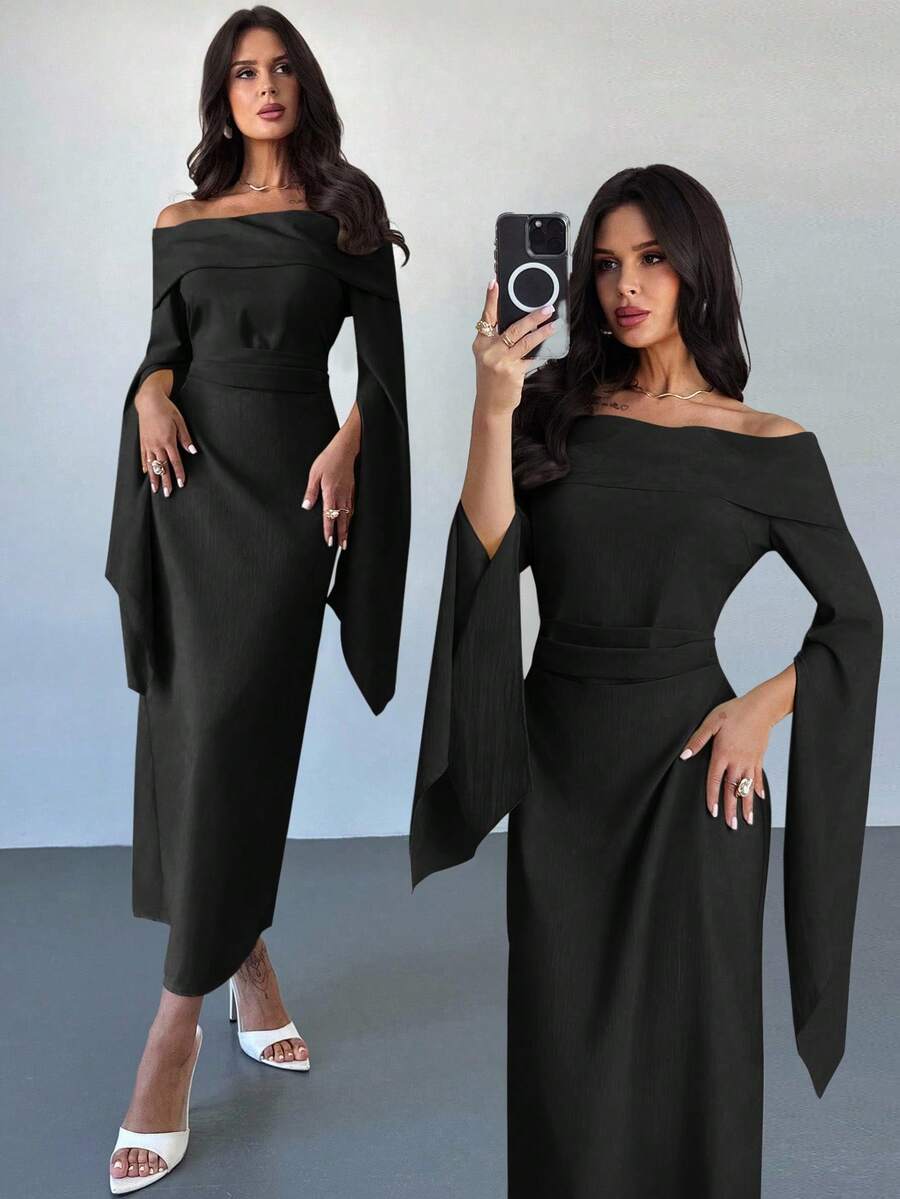 Firerie 优雅纯色露肩长袖褶饰腰部 A 字中长连衣裙，适合夏季、秋季、冬季、日常穿着、度假、毕业典礼、派对，奶油黄色 - 黑色 - 查看 1