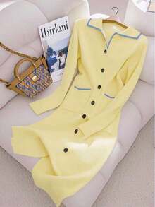 GlowEve Elegant Goddess High-End Polo Collar Soft & Mellow Yellow Fitted Double Pocket Vertical Button Design Flattering Long Knit Dress For Women, Spring/Autumn - Light Yellow - View 1
