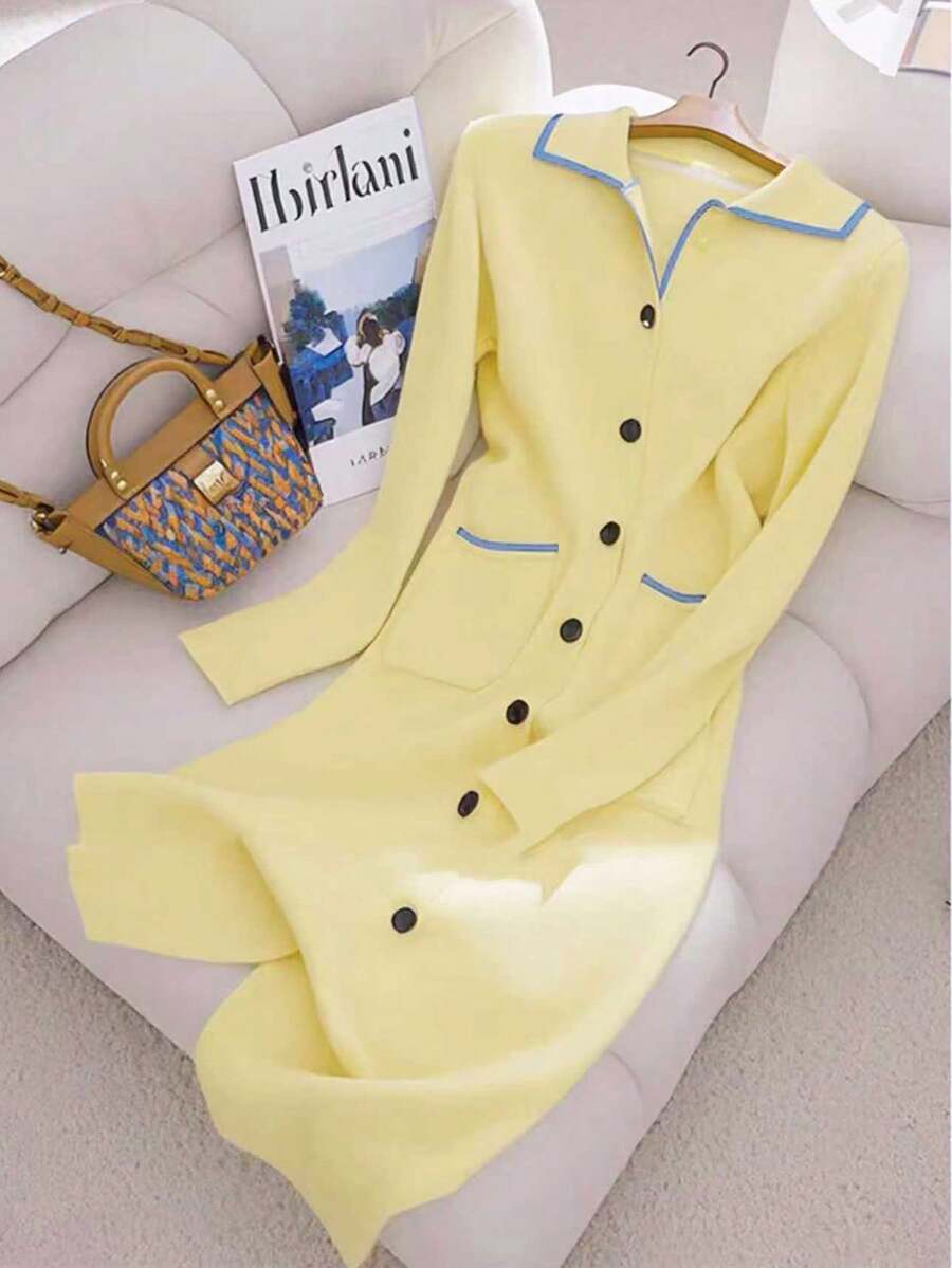GlowEve Elegant Goddess High-End Polo Collar Soft & Mellow Yellow Fitted Double Pocket Vertical Button Design Flattering Long Knit Dress For Women, Spring/Autumn - Light Yellow - View 1