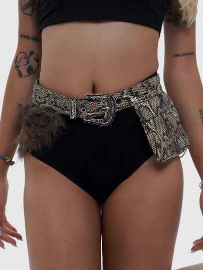 ROMWE Goth 1pc Y2K Punk Style Snake Skin Print Millennium Babe Cross Metal Chain Patchwork Fuzzy Minimalist Fashion Women Belt & Waist Pouch, Suitable For College, Streetwear, Shopping