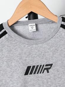 SHEIN 2 件套年轻男童休闲宽松圆领运动衫和运动裤套装，适合返校、生日、迎婴派对、节日派对、秋冬季 - 淺灰色 - 查看 3