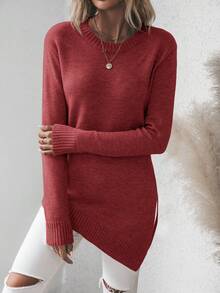 EMERY ROSE Women's Solid Color Round Neck Asymmetric Hem Long Sleeve Sweater, Autumn/Winter - Burgundy - View 4
