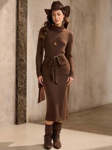 Wildy American Street Fashion High Neck Fitted Waist Pocket Dress, Suitable For Airport, Home, And Outdoor Wear