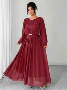 Elenzga Đầm xòe thanh lịch tay dài tay cánh dơi nhún bèo đính đá trang trí cỡ lớn cho nữ - Màu Đỏ Sâu - Xem 3