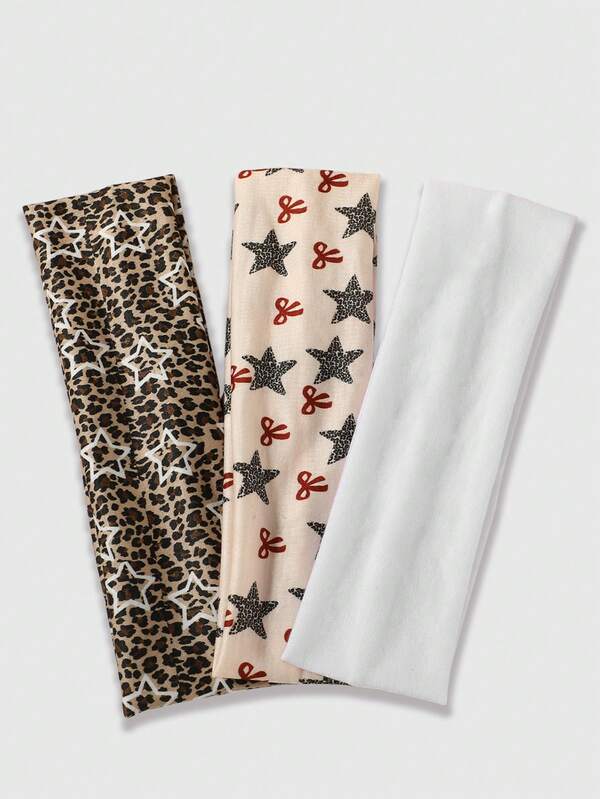 ROMWE Goth 3pcs Star, Bow Tie & Leopard Print Solid Color Fabric Headbands, Suitable For Daily Wear, Sports, Makeup, Versatile Hair Accessories