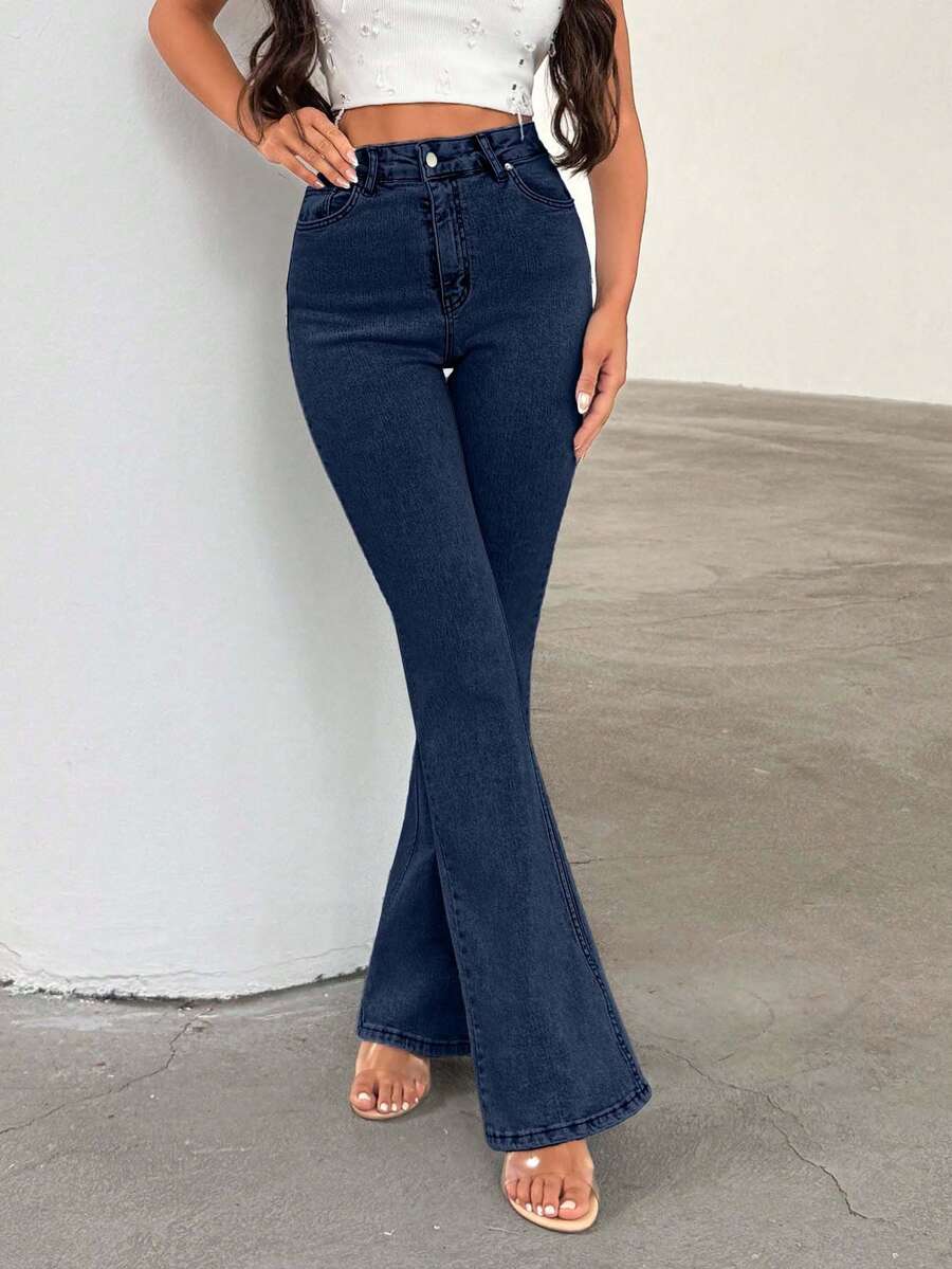 EURMUSE 女式高腰紧身喇叭裤日常休闲弹力牛仔裤浅蓝色 - 深色水洗藍 - 查看 1