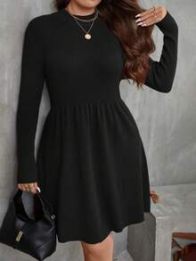 SHEIN Clasi Plus Size Solid Color Knit Casual Dress, Autumn/Winter - Black - View 1