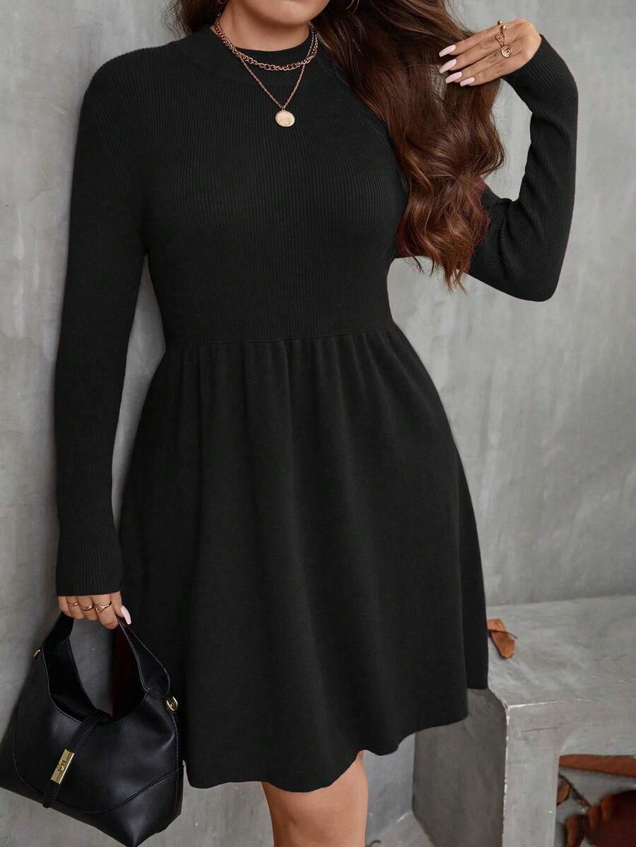SHEIN Clasi Plus Size Solid Color Knit Casual Dress, Autumn/Winter - Black - View 1