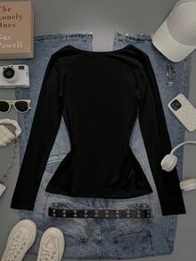 Attitoon 朋克翅膀交叉图案V领长袖T恤，女款，Y2K风格，街头复古风，返校季，怀旧风，秋季，度假休闲，秋冬，嘻哈，核心美学，哥特式赛博朋克，辣妹风 - 白色 - 查看 8