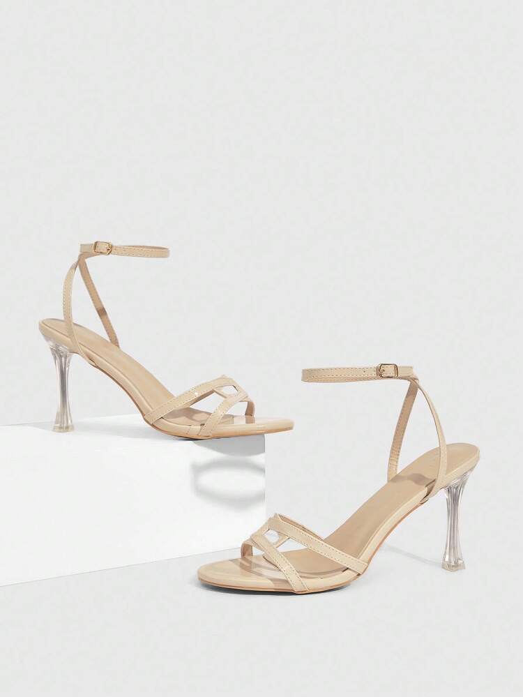 CUCCOO SZL Apricot PU Glass Heel Round Toe Strap Fashionable Sexy Elegant High Heel Sandals