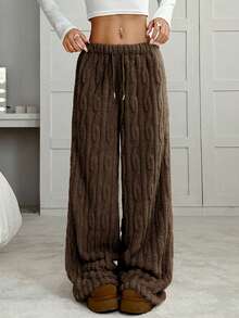 SHEIN EZwear 女款咖啡棕色高腰抽绳宽松阔腿休闲裤，秋冬 - 咖啡棕 - 查看 1