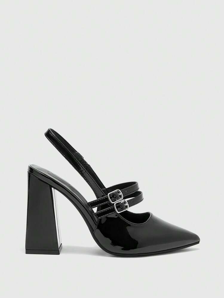 CUCCOO BIZCHIC Women's Fashion Black Patent Leather Chunky Heel Pointed Toe Minimalist Pumps, Suitable For Commuting, Dates, Parties, Weddings For Christmas Spring Shoes