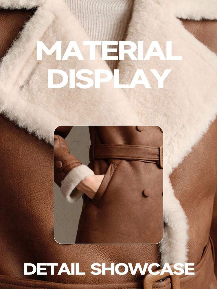 Anewsta Women's Winter Coat, Brown Dual-Tone Vintage Leather Collar Double-Breasted Fashionable Elegant Belted Faux Fur Lined Jacket, Suitable For Christmas And Winter