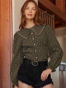 WESTFADE Chemise à manches longues ajustée avec col à volants et boutons, style country, mignonne pour l'automne pour les femmes - Multicolore - Voir 5