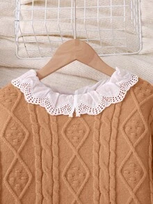 Girls' New Sweet Lace Trim Lazy Solid Color Jacquard Pullover Sweater With Casual Wide Leg Pants, Suitable For Travel, Gatherings, And Back To School - Bronze - View 7