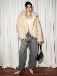 Sweetina Women's Autumn And Winter Warm Sweet Cute Girl Casual Y2K Millennium Snow Hooded Loose Profile Curved Hem Apricot Long Hair Fake Fur Coat - White - View 3