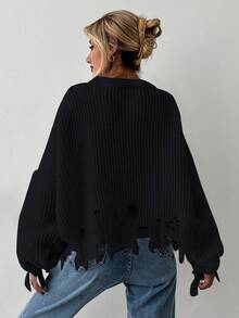 EURMUSE 落肩袖仿舊條紋針織套頭毛衣 - 黑色 - 查看 2