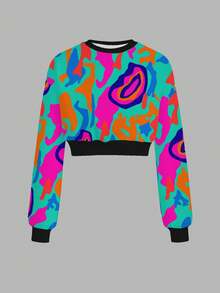 Slaydiva 女式落肩长袖短款卫衣/女式秋装/女式冬装/长袖上衣/返校季/Y2K 服饰/街头服饰/涂鸦图案 - 彩色 - 查看 2